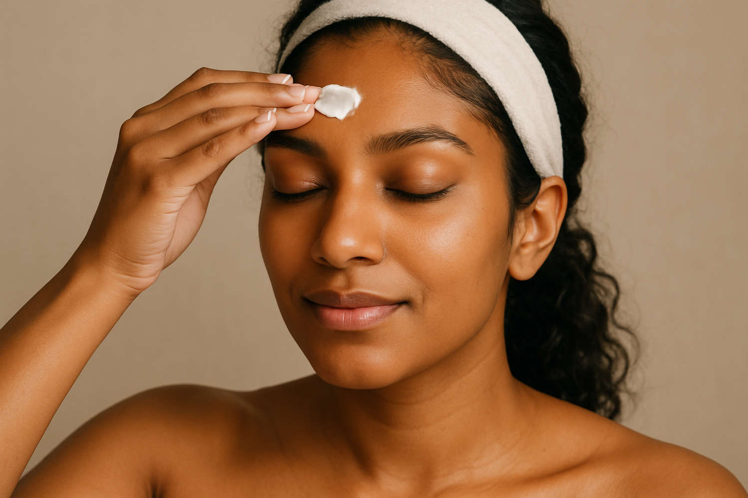 ethnic woman applying cream on forehead