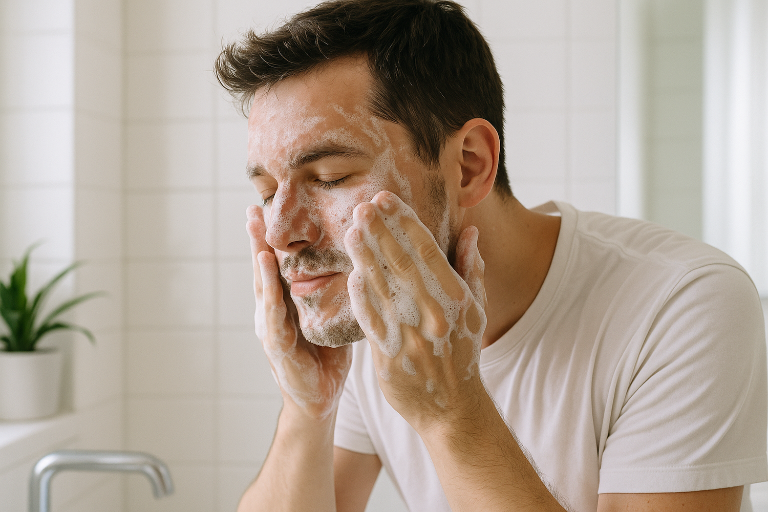 man washing face with foaming cleanser