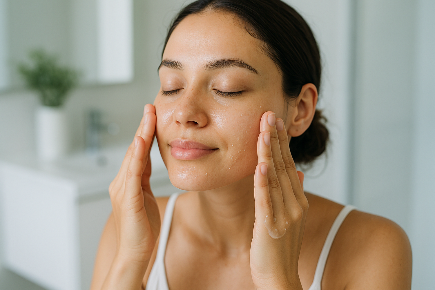 woman applying clear gel toner on face