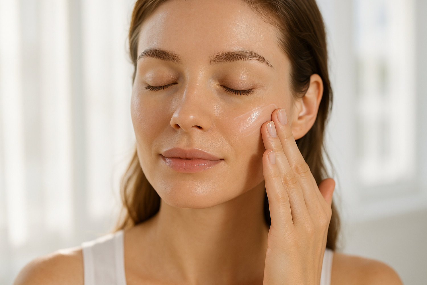 woman applying sheer sunscreen to face