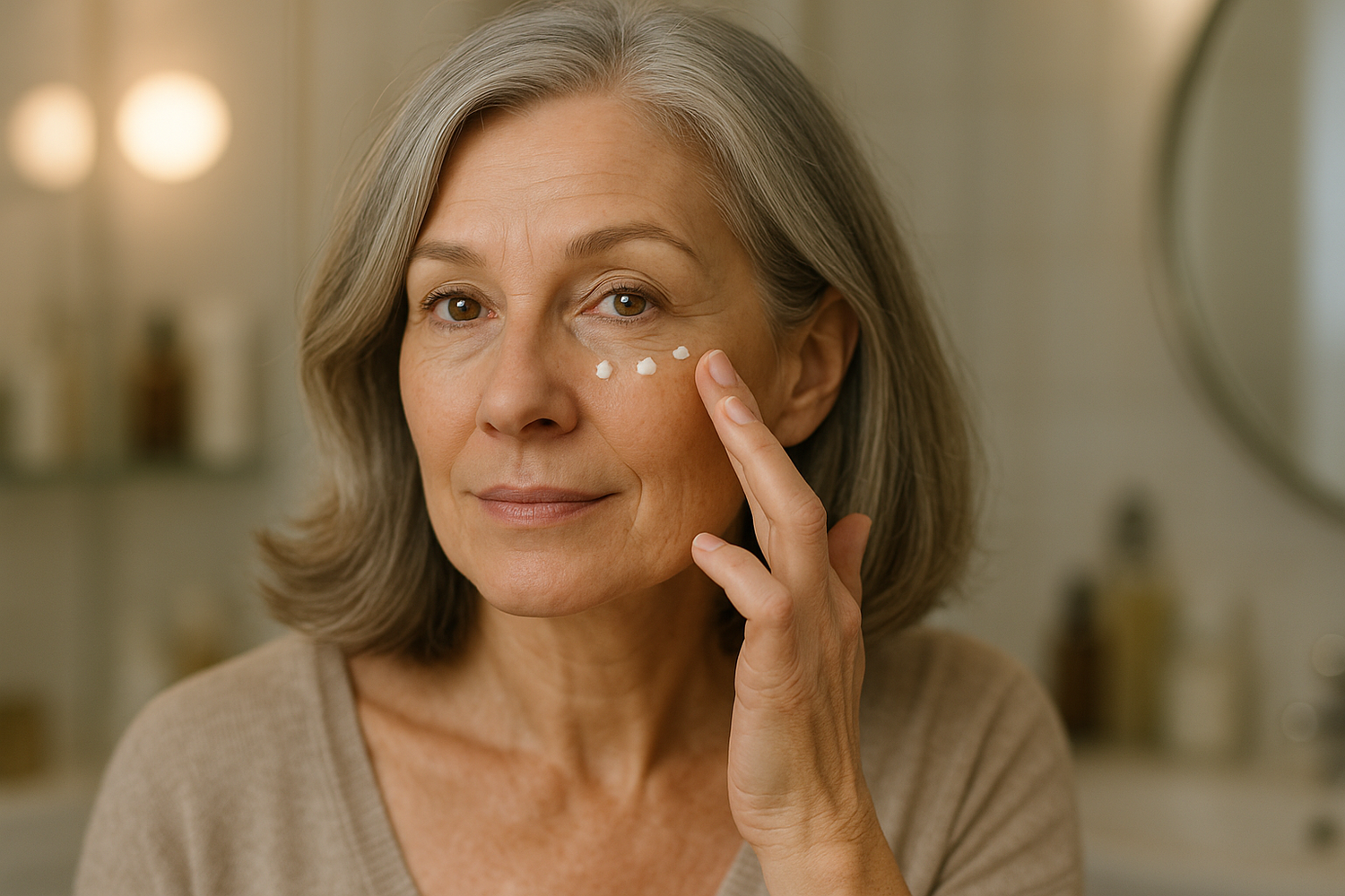 woman in 50s applying under eye cream