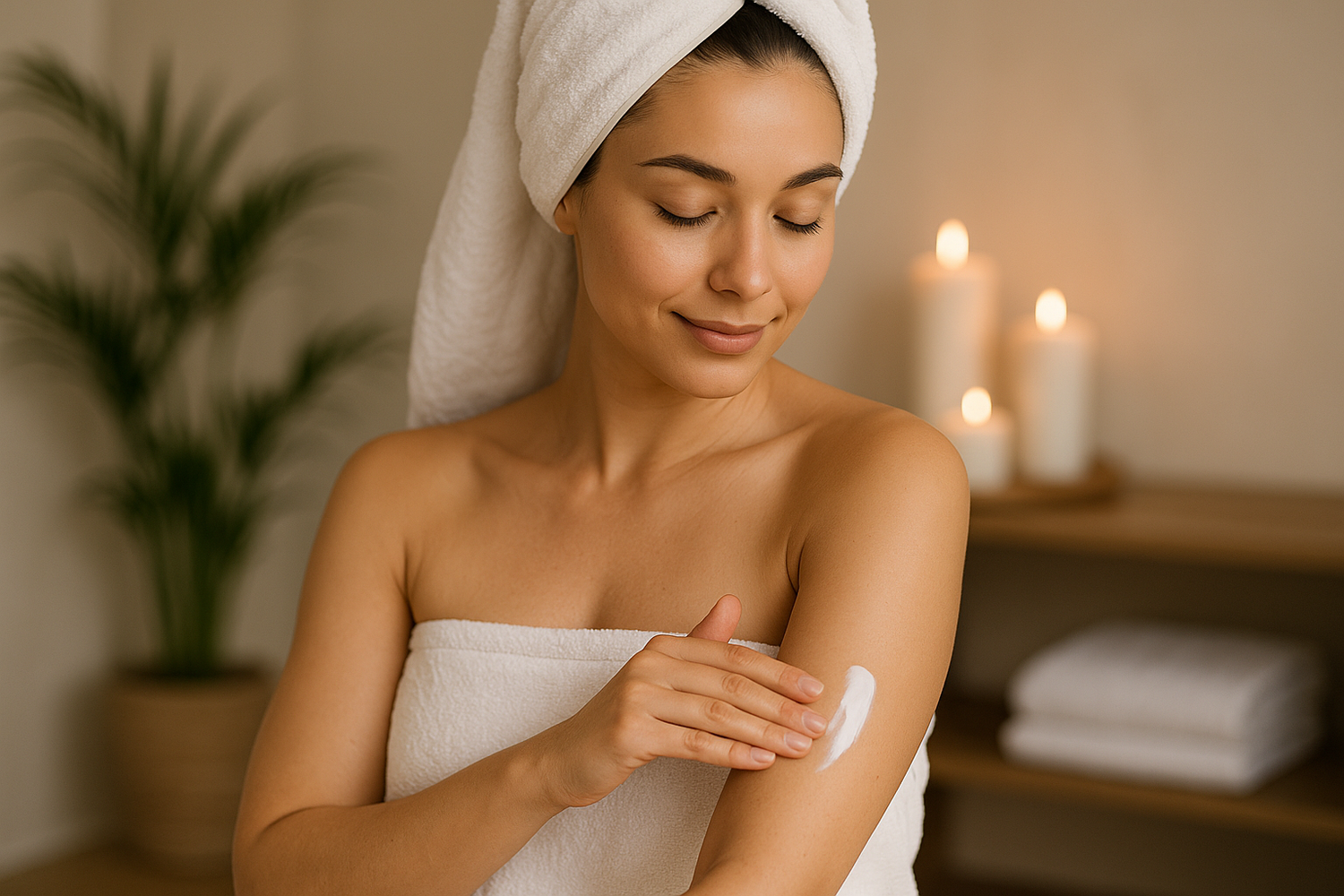 woman in towel applying lotion to arm